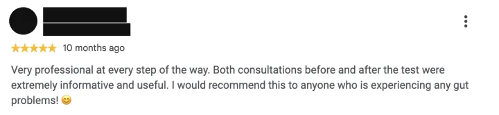 Five-star Google review from the participant, name hidden