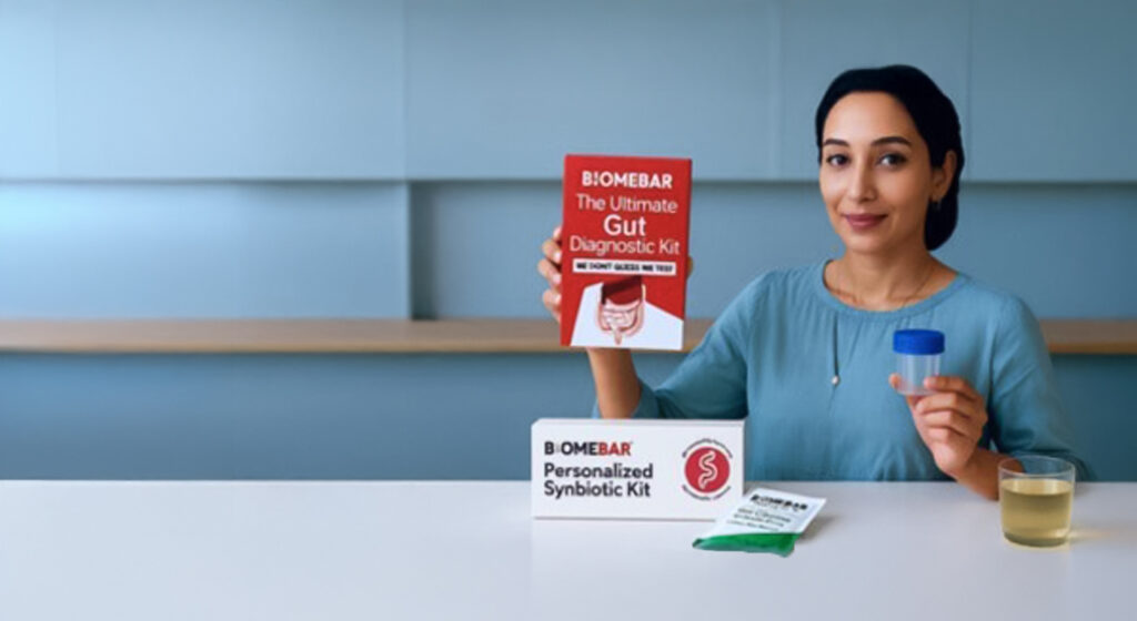 Woman holding biomebar gut test and personalized probiotic and prebiotic kit showing that are customized to one's unique gut