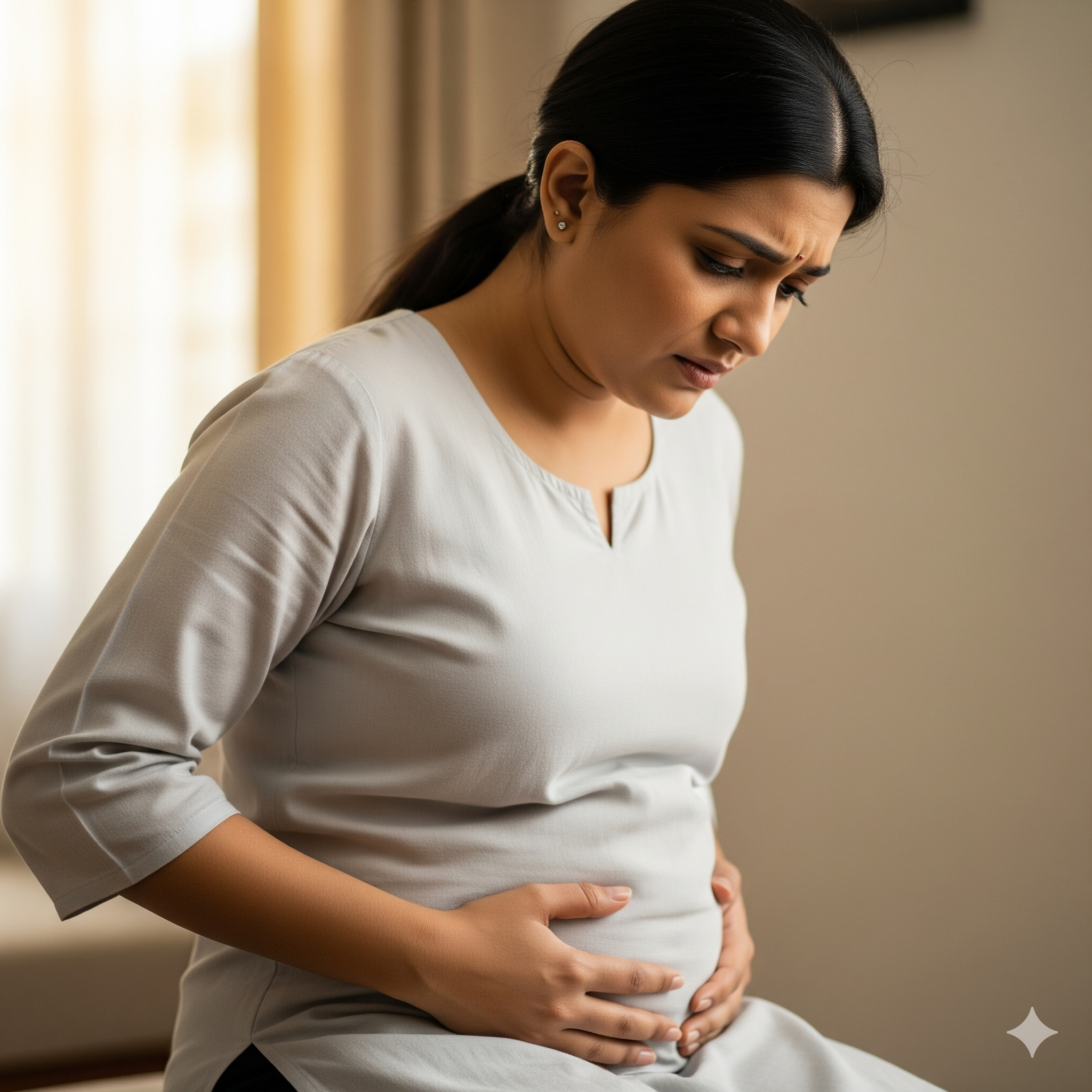 Close-up of an Indian woman in a gray kurti, holding her bloated abdomen to illustrate digestive issues or stomach pain. 