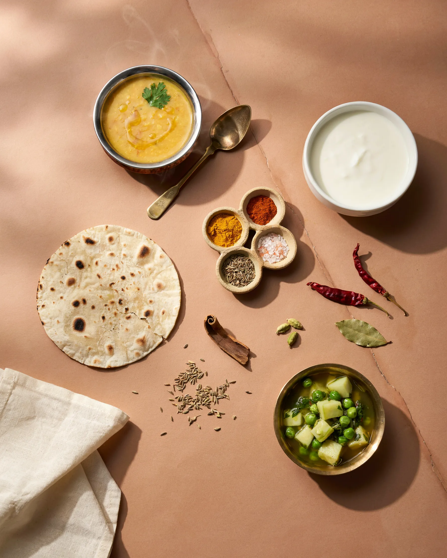 Traditional Indian meal with roti, dal, curd and spices