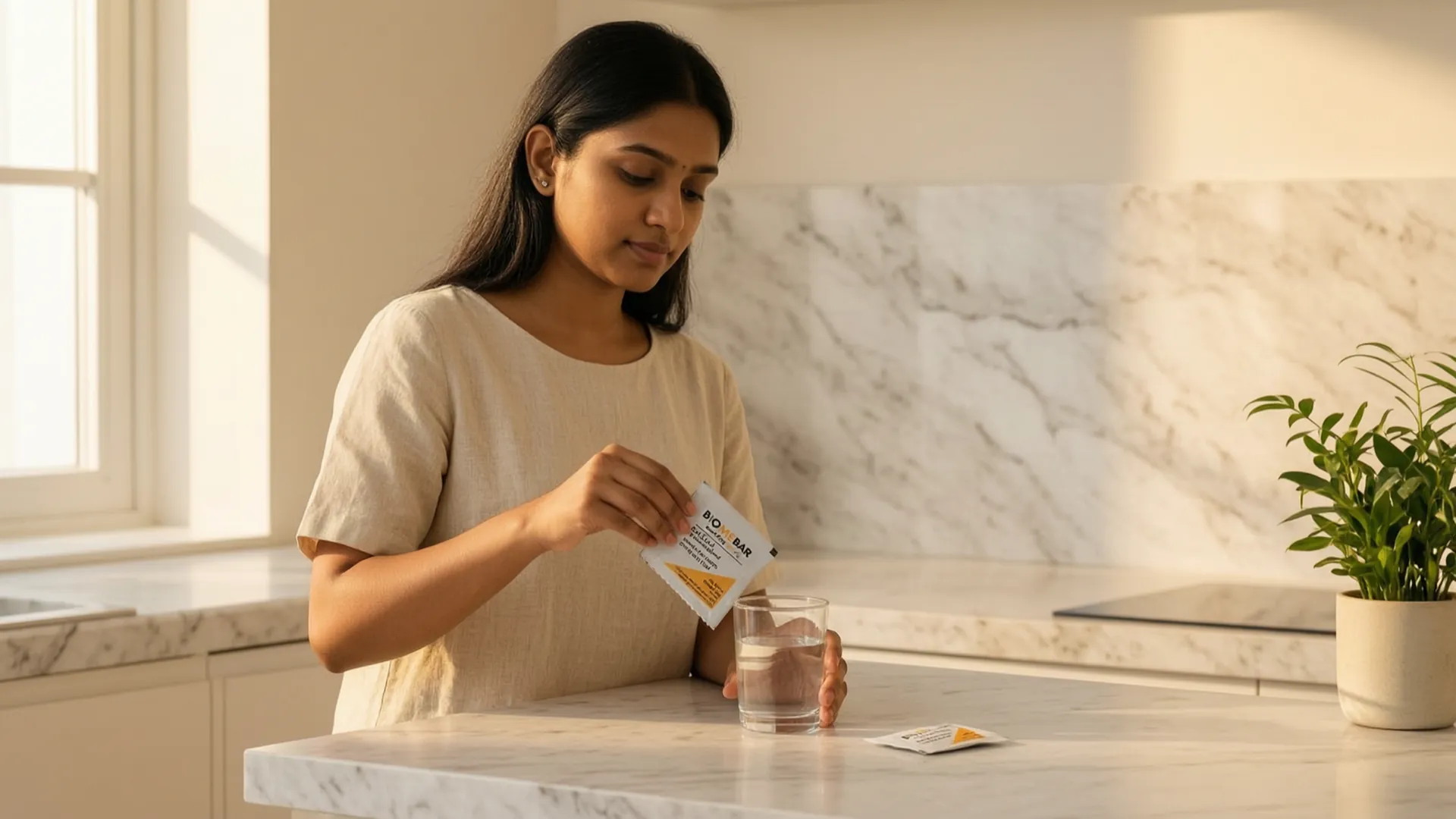 Woman pouring a BioMeBar sachet into water