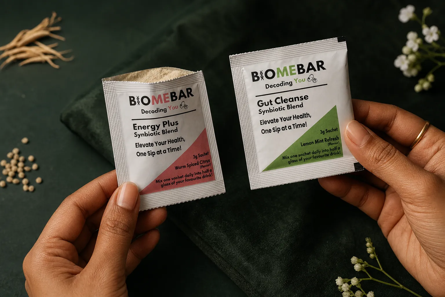 Hands holding personalised BioMeBar synbiotic sachets