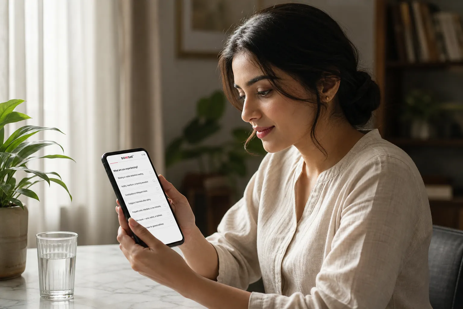 Woman taking the BioMeBar gut quiz on her phone