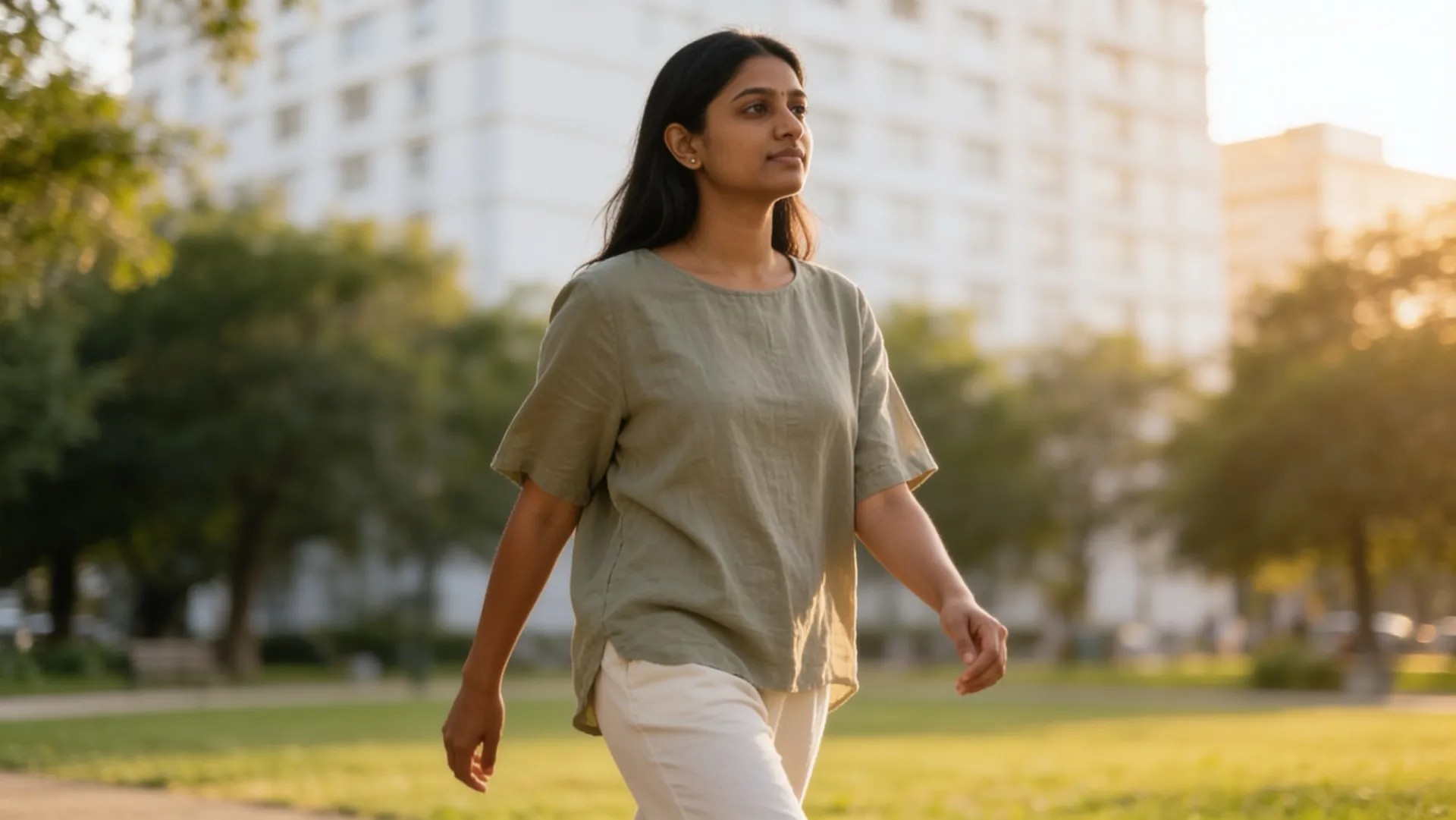 Woman walking outdoors, feeling healthy
